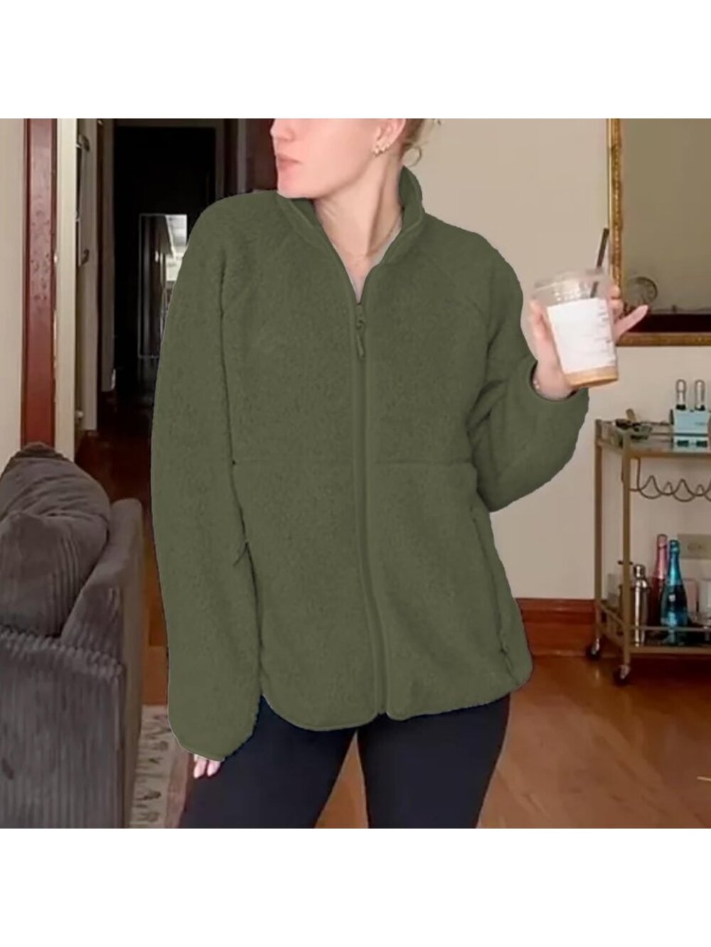 Women's Dark Green Fuzzy Fleece Jacket Full Zip Fall Winter Sherpa Warm Coats - Picture 6 of 6